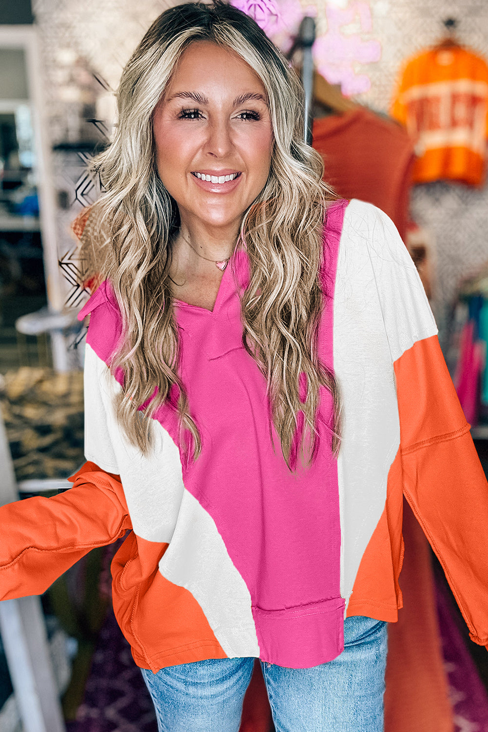 Color Block V Neck Tops