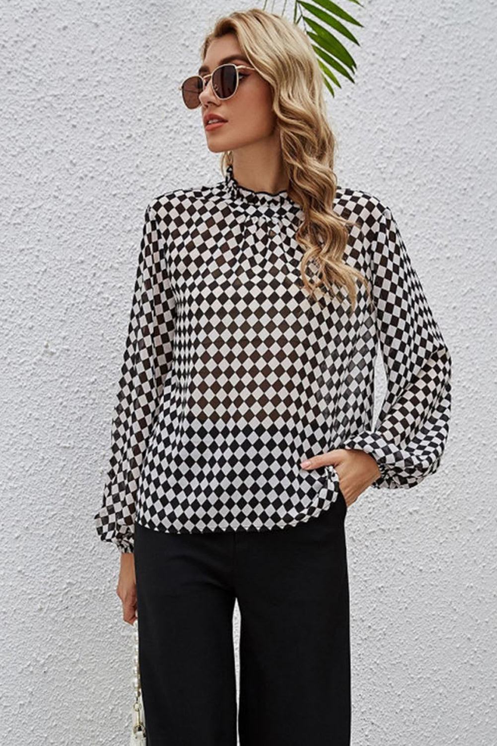 Check Lantern Sleeve Blouse