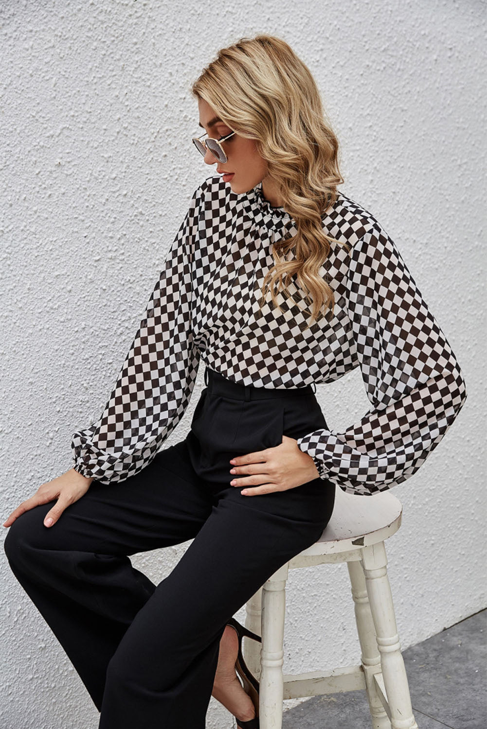 Check Lantern Sleeve Blouse