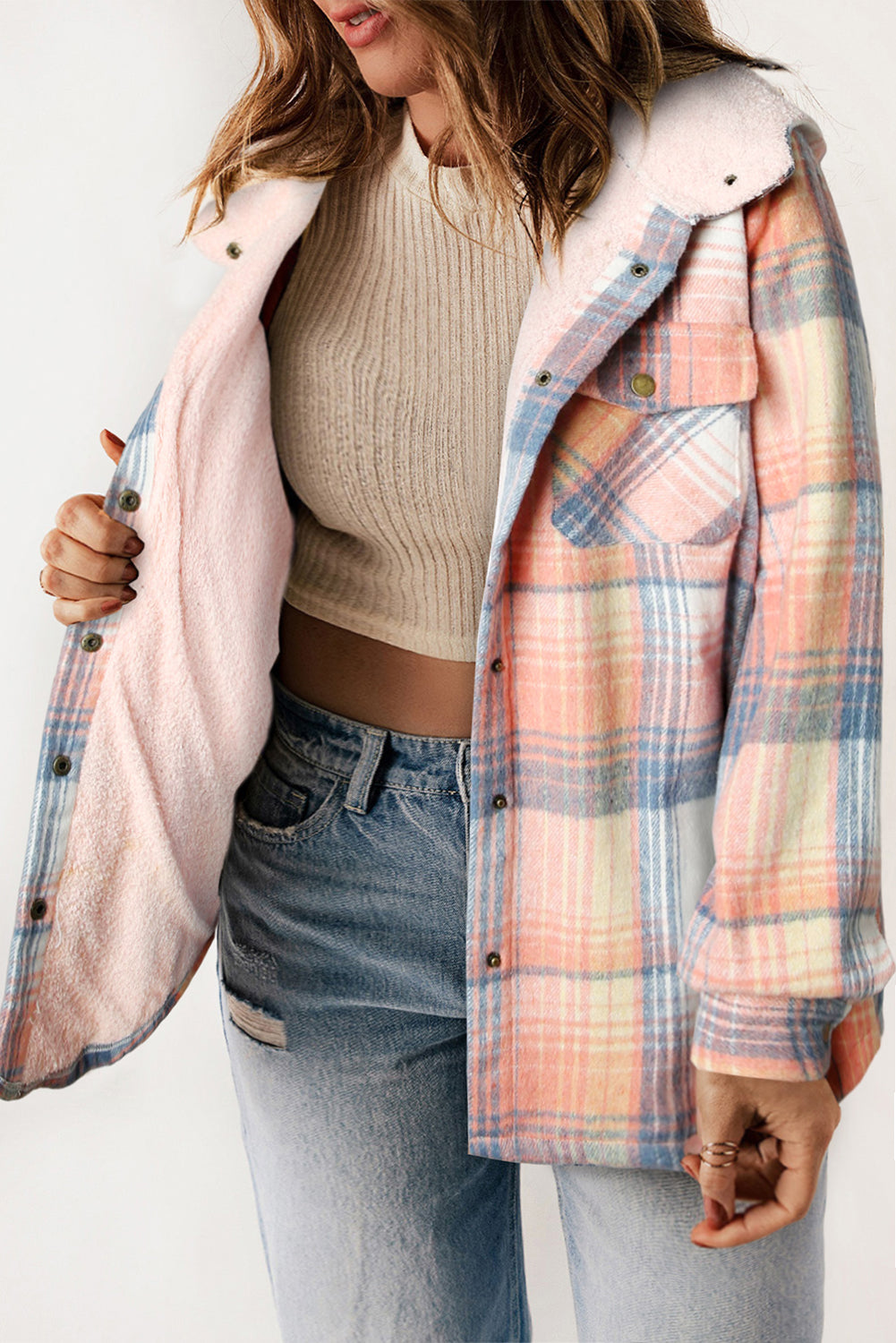 Pink Plaid Sherpa Lined Jacket