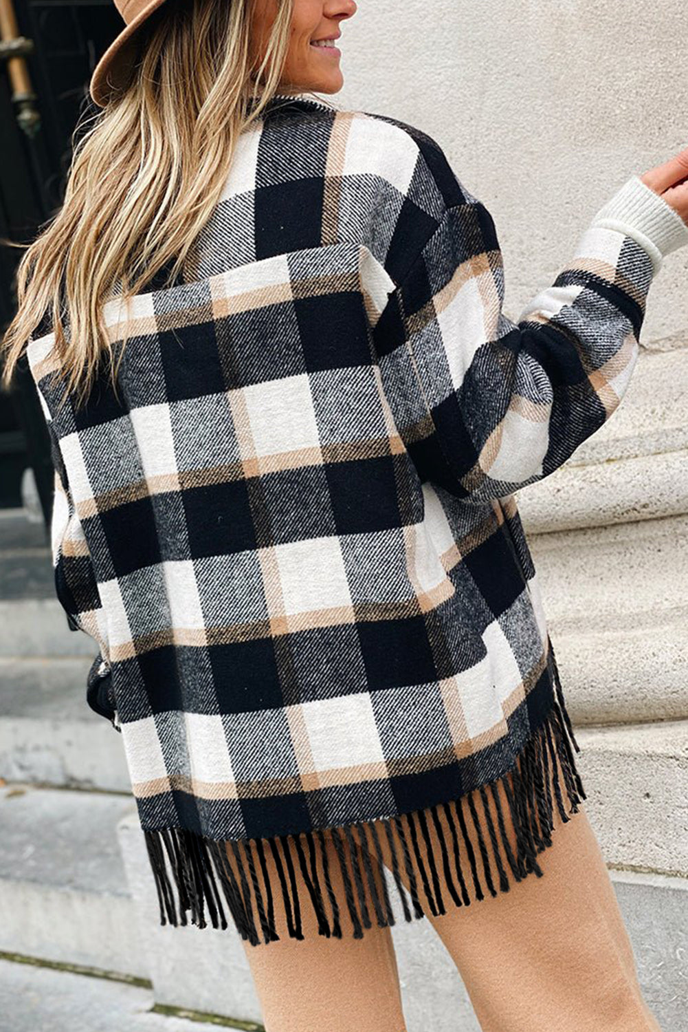 Plaid Snap Fringe Jacket