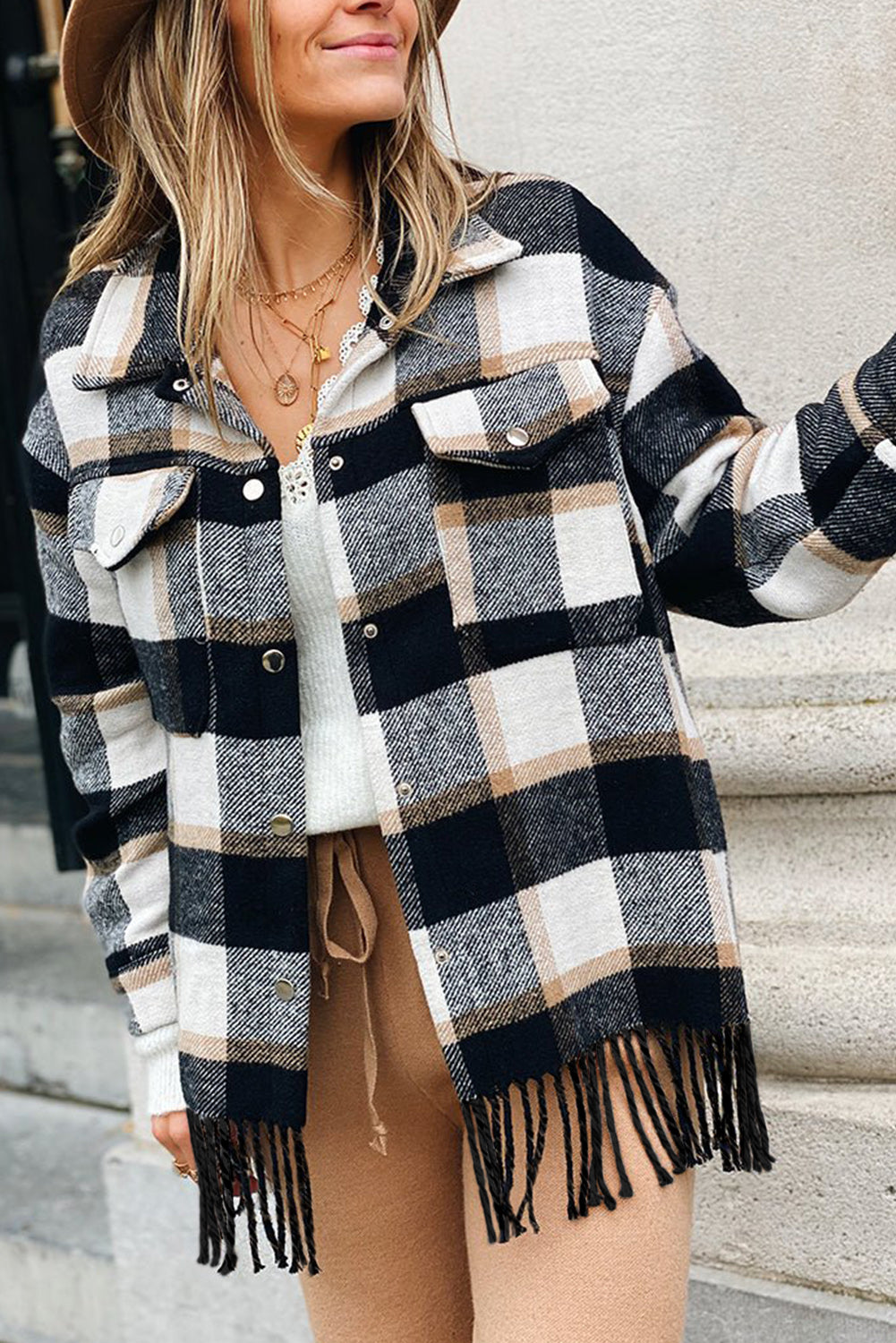 Plaid Snap Fringe Jacket