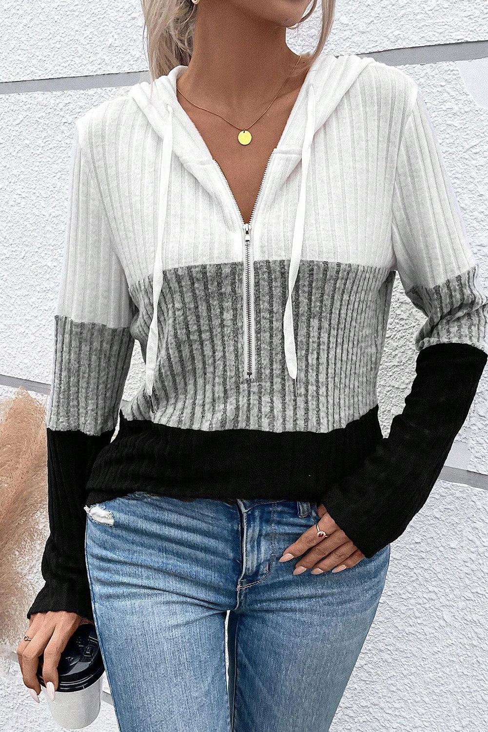 Ribbed Zip Neck Hoodie