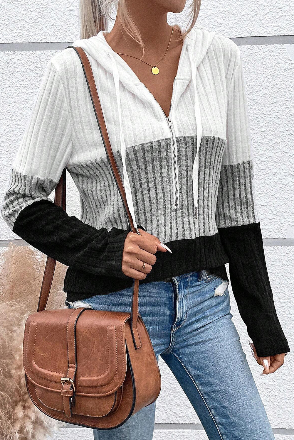 Ribbed Zip Neck Hoodie