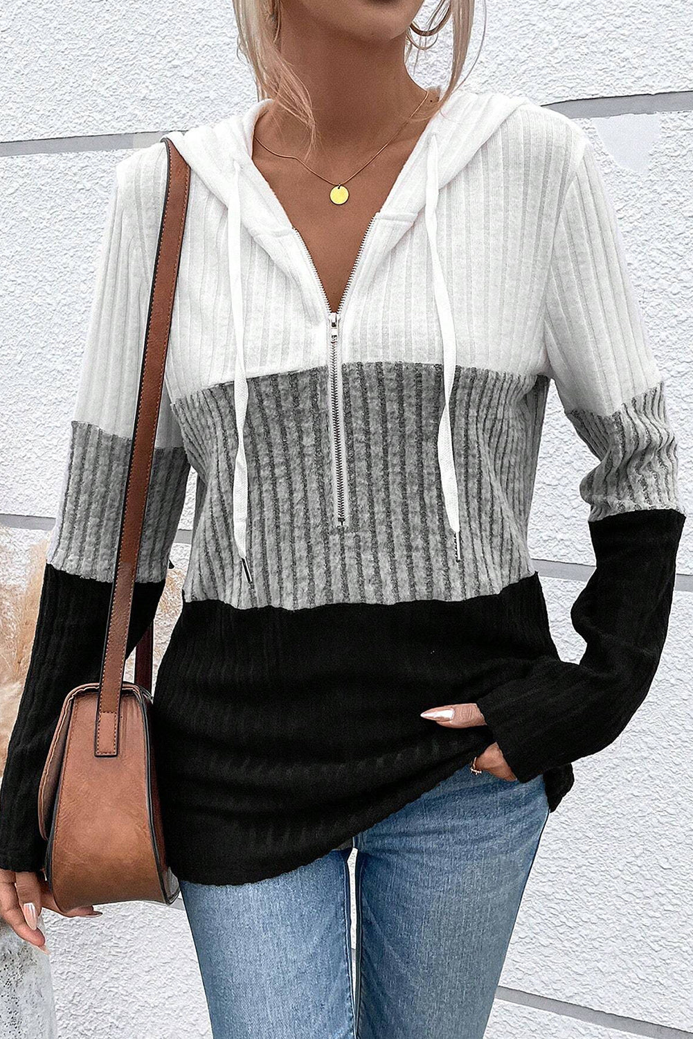 Ribbed Zip Neck Hoodie