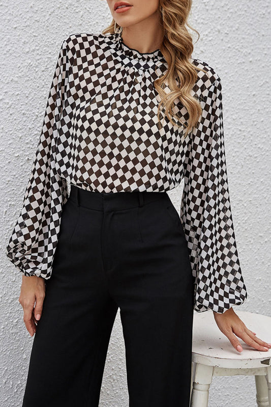 Check Lantern Sleeve Blouse