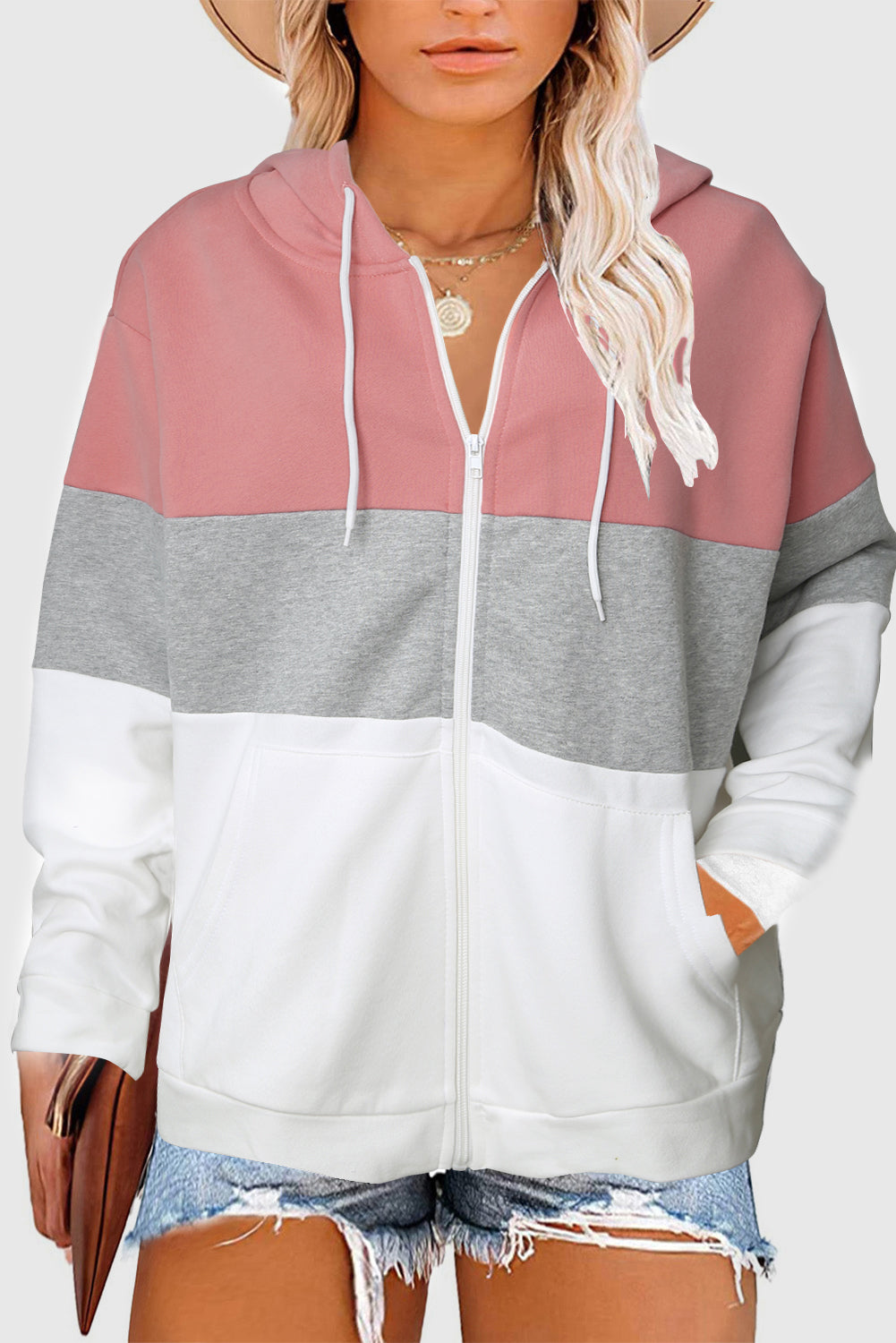 Pink color block hoodie sale